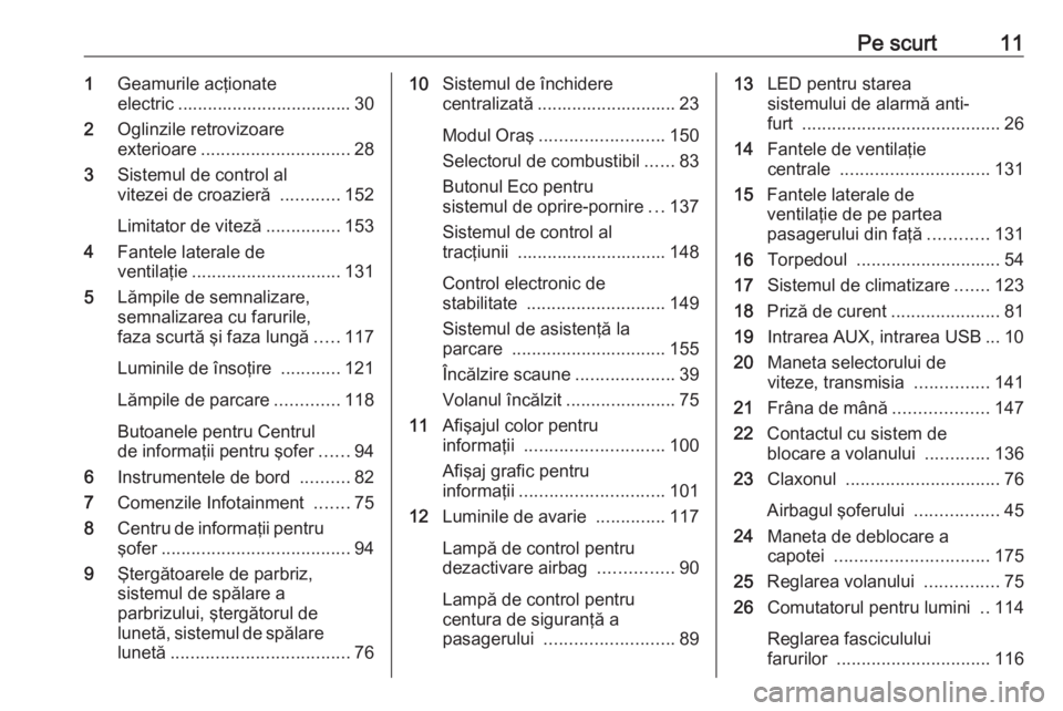 OPEL ADAM 2016  Manual de utilizare (in Romanian) Pe scurt111Geamurile acţionate
electric ................................... 30
2 Oglinzile retrovizoare
exterioare .............................. 28
3 Sistemul de control al
vitezei de croazieră  ..