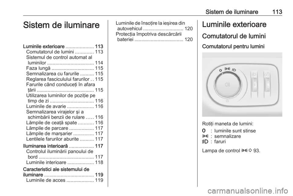 OPEL ADAM 2017.5  Manual de utilizare (in Romanian) Sistem de iluminare113Sistem de iluminareLuminile exterioare....................113
Comutatorul de lumini .............113
Sistemul de control automat al luminilor .................................. 1