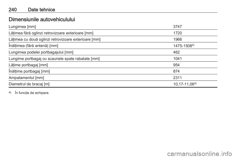 OPEL ADAM 2017.5  Manual de utilizare (in Romanian) 240Date tehniceDimensiunile autovehicululuiLungimea [mm]3747Lăţimea fără oglinzi retrovizoare exterioare [mm]1720Lăţimea cu două oglinzi retrovizoare exterioare [mm]1966Înălţimea (fără ant