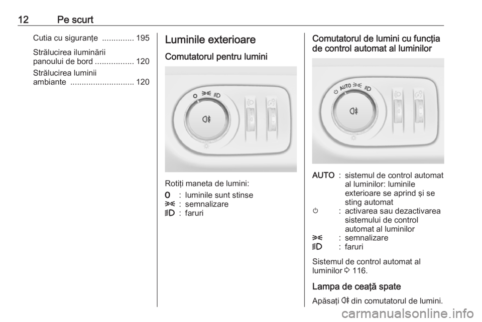 OPEL ADAM 2018.5  Manual de utilizare (in Romanian) 12Pe scurtCutia cu siguranţe ..............195
Strălucirea iluminării
panoului de bord .................120
Strălucirea luminii
ambiante  ............................ 120Luminile exterioare
Comuta