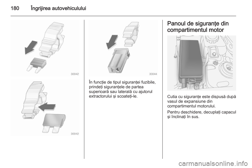 OPEL ANTARA 2014.5 Manual de utilizare (in Romanian) 180Îngrijirea autovehiculului
În funcţie de tipul siguranţei fuzibile,
prindeţi siguranţele de partea
superioară sau laterală cu ajutorul
extractorului şi scoateţi-le.
Panoul de siguranţe d OPEL ANTARA 2014.5 Manual de utilizare (in Romanian) 180Îngrijirea autovehiculului
În funcţie de tipul siguranţei fuzibile,
prindeţi siguranţele de partea
superioară sau laterală cu ajutorul
extractorului şi scoateţi-le.
Panoul de siguranţe d