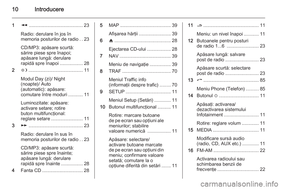 OPEL ANTARA 2015  Manual pentru sistemul Infotainment (in Romanian) 10Introducere
1l......................................... 23
Radio: derulare în jos în
memoria posturilor de radio ..23
CD/MP3: apăsare scurtă:
sărire piese spre înapoi;
apăsare lungă: derular