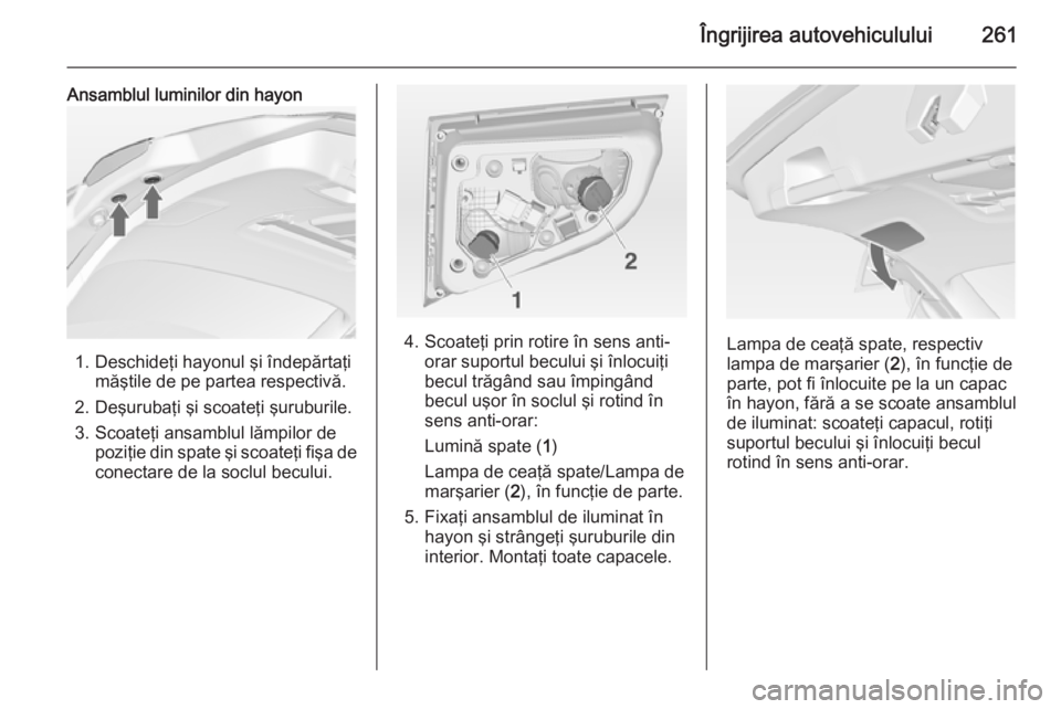 OPEL ASTRA J 2014.5  Manual de utilizare (in Romanian) Îngrijirea autovehiculului261
Ansamblul luminilor din hayon
1. Deschideţi hayonul şi îndepărtaţimăştile de pe partea respectivă.
2. Deşurubaţi şi scoateţi şuruburile.
3. Scoateţi ansamb OPEL ASTRA J 2014.5  Manual de utilizare (in Romanian) Îngrijirea autovehiculului261
Ansamblul luminilor din hayon
1. Deschideţi hayonul şi îndepărtaţimăştile de pe partea respectivă.
2. Deşurubaţi şi scoateţi şuruburile.
3. Scoateţi ansamb