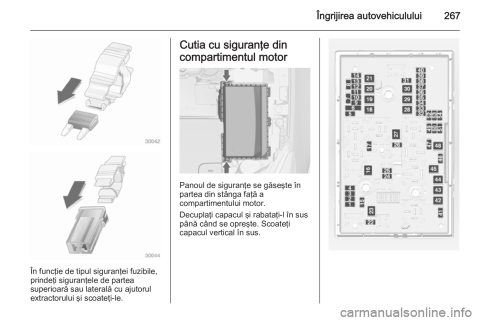OPEL ASTRA J 2014.5  Manual de utilizare (in Romanian) Îngrijirea autovehiculului267
În funcţie de tipul siguranţei fuzibile,
prindeţi siguranţele de partea
superioară sau laterală cu ajutorul
extractorului şi scoateţi-le.
Cutia cu siguranţe di OPEL ASTRA J 2014.5  Manual de utilizare (in Romanian) Îngrijirea autovehiculului267
În funcţie de tipul siguranţei fuzibile,
prindeţi siguranţele de partea
superioară sau laterală cu ajutorul
extractorului şi scoateţi-le.
Cutia cu siguranţe di