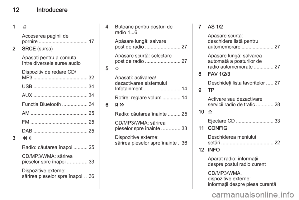 OPEL ASTRA J 2015.5 Manual pentru sistemul Infotainment (in Romanian) 12Introducere
1;
Accesarea paginii de
pornire ................................... 17
2 SRCE (sursa)
Apăsaţi pentru a comuta
între diversele surse audio
Dispozitiv de redare CD/
MP3 ............... OPEL ASTRA J 2015.5 Manual pentru sistemul Infotainment (in Romanian) 12Introducere
1;
Accesarea paginii de
pornire ................................... 17
2 SRCE (sursa)
Apăsaţi pentru a comuta
între diversele surse audio
Dispozitiv de redare CD/
MP3 ...............