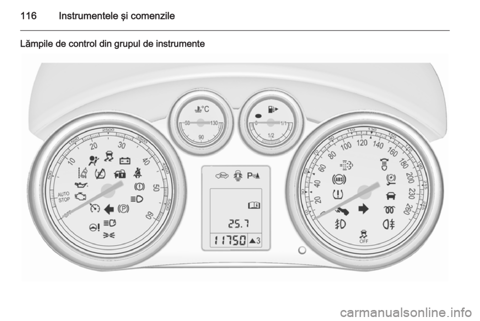OPEL ASTRA J 2015.75 Manual de utilizare (in Romanian) 116Instrumentele şi comenzile
Lămpile de control din grupul de instrumente OPEL ASTRA J 2015.75 Manual de utilizare (in Romanian) 116Instrumentele şi comenzile
Lămpile de control din grupul de instrumente