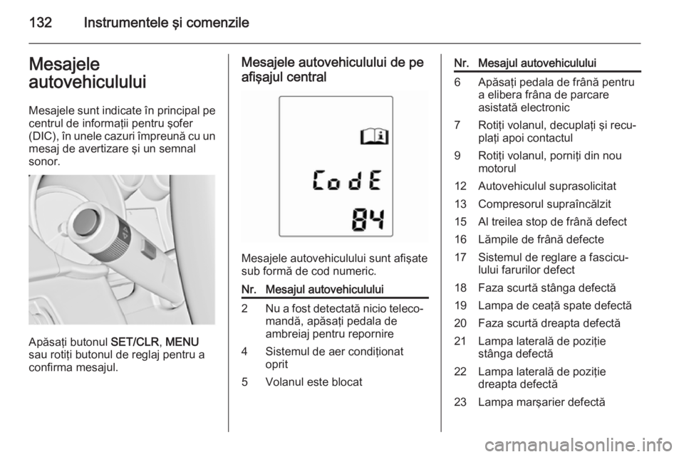 OPEL ASTRA J 2015.75 Manual de utilizare (in Romanian) 132Instrumentele şi comenzileMesajele
autovehiculului
Mesajele sunt indicate în principal pe centrul de informaţii pentru şofer
(DIC), în unele cazuri împreună cu un
mesaj de avertizare şi un OPEL ASTRA J 2015.75 Manual de utilizare (in Romanian) 132Instrumentele şi comenzileMesajele
autovehiculului
Mesajele sunt indicate în principal pe centrul de informaţii pentru şofer
(DIC), în unele cazuri împreună cu un
mesaj de avertizare şi un