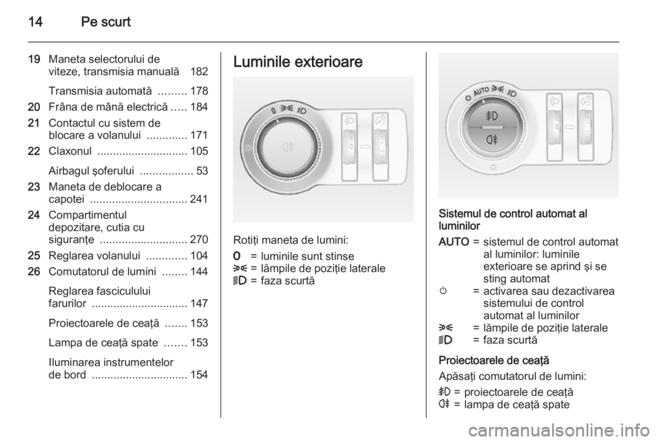 OPEL ASTRA J 2015.75  Manual de utilizare (in Romanian) 14Pe scurt
19Maneta selectorului de
viteze, transmisia manuală  182
Transmisia automată  .........178
20 Frâna de mână electrică .....184
21 Contactul cu sistem de
blocare a volanului  .........