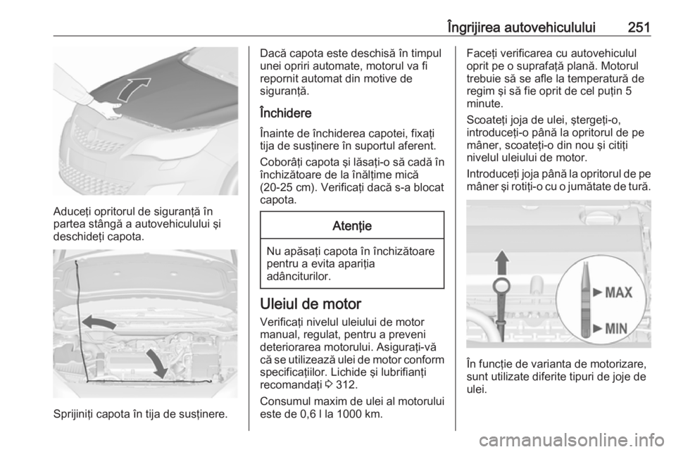 OPEL ASTRA J 2016.5 Manual de utilizare (in Romanian) Îngrijirea autovehiculului251
Aduceţi opritorul de siguranţă în
partea stângă a autovehiculului şi
deschideţi capota.
Sprijiniţi capota în tija de susţinere.
Dacă capota este deschisă î OPEL ASTRA J 2016.5 Manual de utilizare (in Romanian) Îngrijirea autovehiculului251
Aduceţi opritorul de siguranţă în
partea stângă a autovehiculului şi
deschideţi capota.
Sprijiniţi capota în tija de susţinere.
Dacă capota este deschisă î