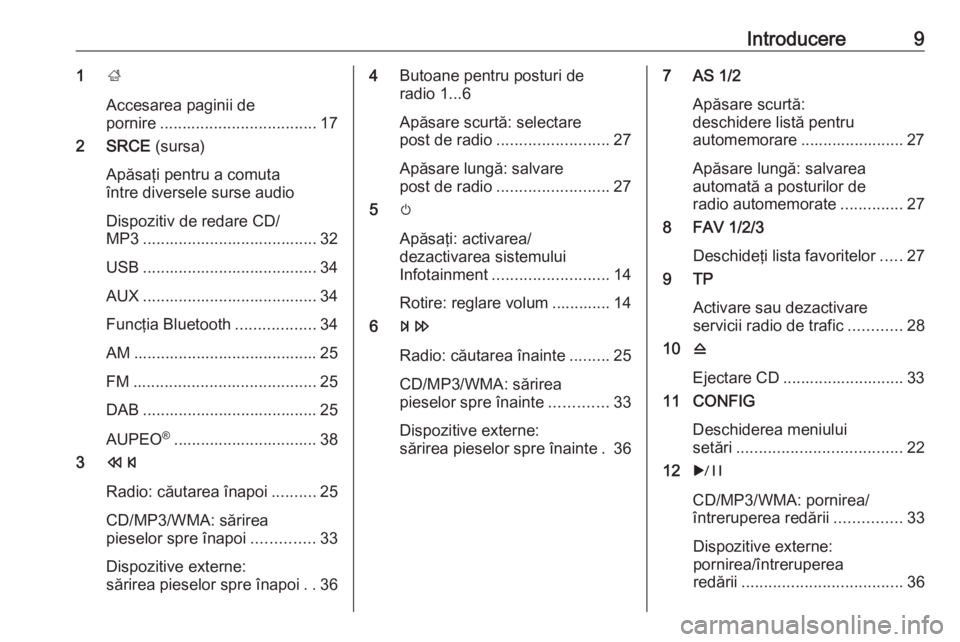 OPEL ASTRA J 2017  Manual pentru sistemul Infotainment (in Romanian) Introducere91;
Accesarea paginii de pornire ................................... 17
2 SRCE  (sursa)
Apăsaţi pentru a comuta
între diversele surse audio
Dispozitiv de redare CD/
MP3 .................