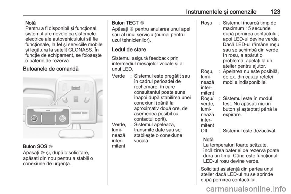 OPEL ASTRA J 2018  Manual de utilizare (in Romanian) Instrumentele şi comenzile123Notă
Pentru a fi disponibil şi funcţional,
sistemul are nevoie ca sistemele
electrice ale autovehiculului să fie
funcţionale, la fel şi serviciile mobile şi legăt