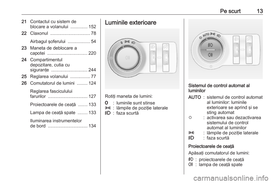 OPEL ASTRA J 2018 Manual de utilizare (in Romanian) Pe scurt1321Contactul cu sistem de
blocare a volanului .............152
22 Claxonul ............................... 78
Airbagul şoferului .................54
23 Maneta de deblocare a
capotei .... OPEL ASTRA J 2018 Manual de utilizare (in Romanian) Pe scurt1321Contactul cu sistem de
blocare a volanului .............152
22 Claxonul ............................... 78
Airbagul şoferului .................54
23 Maneta de deblocare a
capotei ....