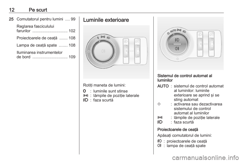 OPEL ASTRA J 2019 Manual de utilizare (in Romanian) 12Pe scurt25Comutatorul pentru lumini ....99
Reglarea fasciculului farurilor ............................... 102
Proiectoarele de ceaţă .......108
Lampa de ceaţă spate .......108
Iluminarea in OPEL ASTRA J 2019 Manual de utilizare (in Romanian) 12Pe scurt25Comutatorul pentru lumini ....99
Reglarea fasciculului farurilor ............................... 102
Proiectoarele de ceaţă .......108
Lampa de ceaţă spate .......108
Iluminarea in