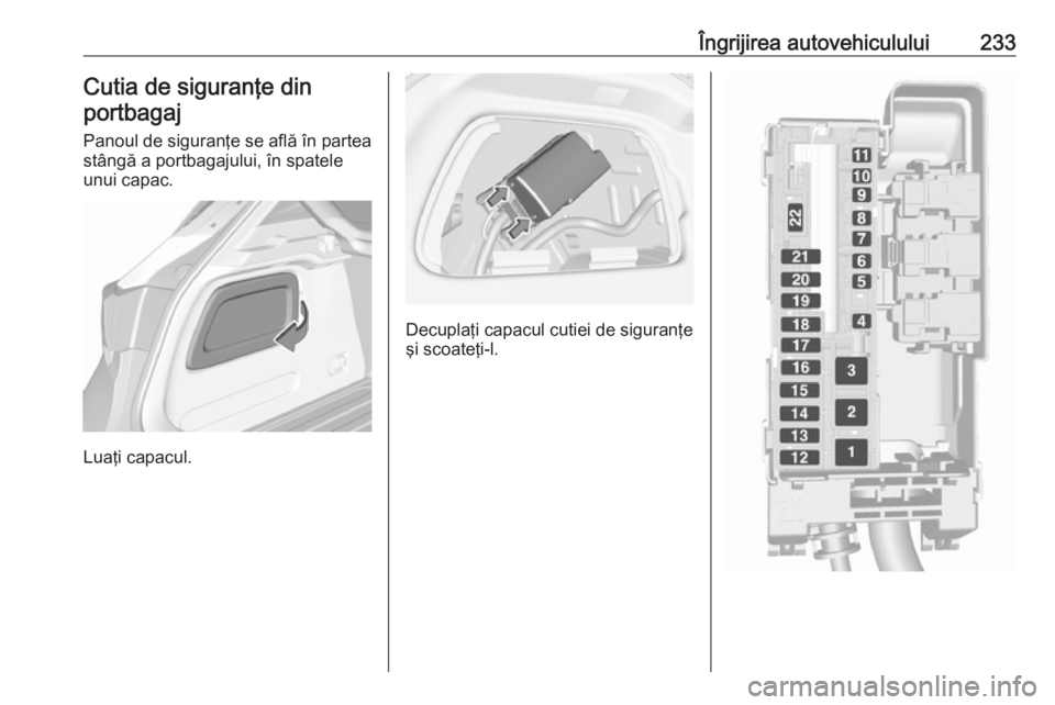 OPEL ASTRA K 2016  Manual de utilizare (in Romanian) Îngrijirea autovehiculului233Cutia de siguranţe din
portbagaj
Panoul de siguranţe se află în partea stângă a portbagajului, în spatele
unui capac.
Luaţi capacul.
Decuplaţi capacul cutiei de 