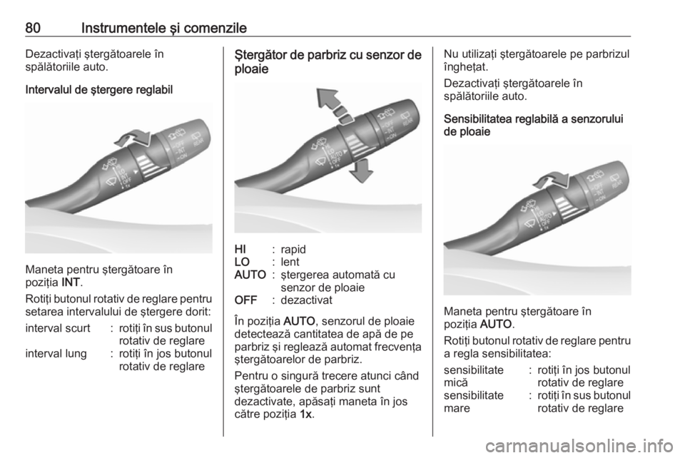 OPEL ASTRA K 2016 Manual de utilizare (in Romanian) 80Instrumentele şi comenzileDezactivaţi ştergătoarele în
spălătoriile auto.
Intervalul de ştergere reglabil
Maneta pentru ştergătoare în
poziţia INT.
Rotiţi butonul rotativ de reglare pe OPEL ASTRA K 2016 Manual de utilizare (in Romanian) 80Instrumentele şi comenzileDezactivaţi ştergătoarele în
spălătoriile auto.
Intervalul de ştergere reglabil
Maneta pentru ştergătoare în
poziţia INT.
Rotiţi butonul rotativ de reglare pe