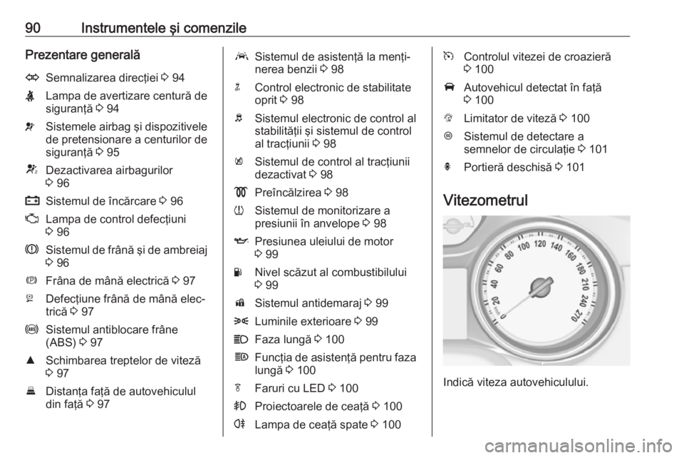 OPEL ASTRA K 2016  Manual de utilizare (in Romanian) 90Instrumentele şi comenzilePrezentare generalăOSemnalizarea direcţiei 3 94XLampa de avertizare centură de
siguranţă  3 94vSistemele airbag şi dispozitivele
de pretensionare a centurilor de
sig