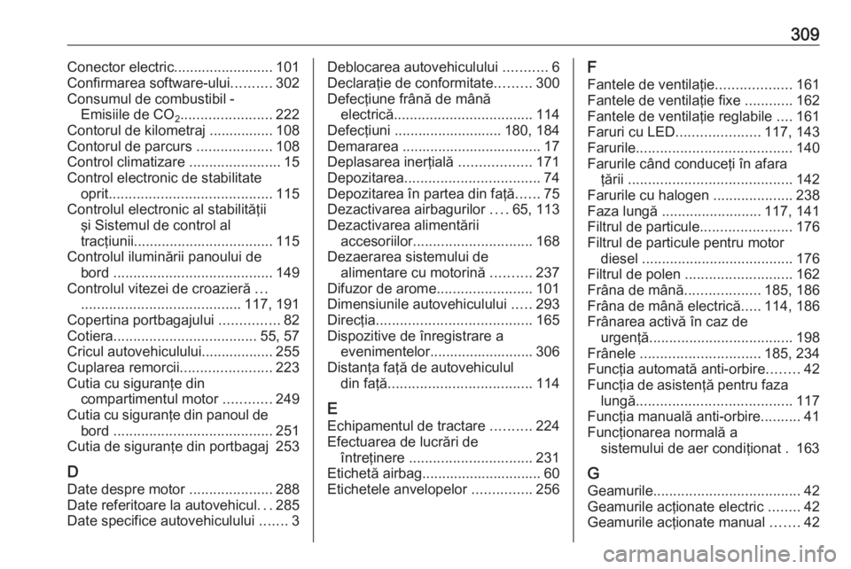 OPEL ASTRA K 2016.5 Manual de utilizare (in Romanian) 309Conector electric......................... 101
Confirmarea software-ului ..........302
Consumul de combustibil - Emisiile de CO 2.......................
222
Contorul de kilometraj ................ OPEL ASTRA K 2016.5 Manual de utilizare (in Romanian) 309Conector electric......................... 101
Confirmarea software-ului ..........302
Consumul de combustibil - Emisiile de CO 2.......................
222
Contorul de kilometraj ................