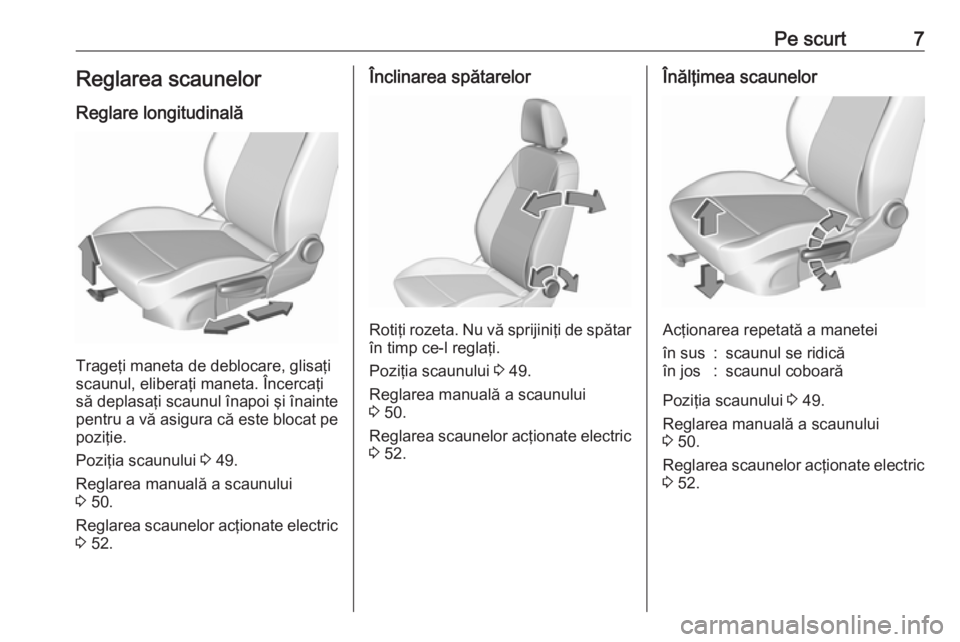 OPEL ASTRA K 2016.5  Manual de utilizare (in Romanian) Pe scurt7Reglarea scaunelor
Reglare longitudinală
Trageţi maneta de deblocare, glisaţi
scaunul, eliberaţi maneta. Încercaţi
să deplasaţi scaunul înapoi şi înainte pentru a vă asigura că e