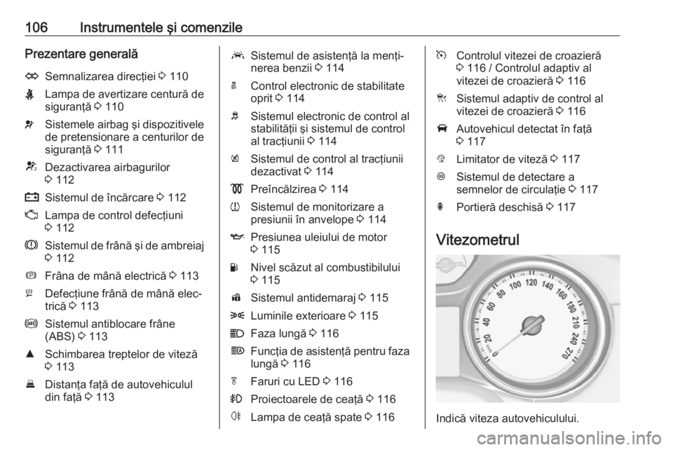OPEL ASTRA K 2017 Manual de utilizare (in Romanian) 106Instrumentele şi comenzilePrezentare generalăOSemnalizarea direcţiei 3 110XLampa de avertizare centură de
siguranţă 3 110vSistemele airbag şi dispozitivele
de pretensionare a centurilor de
OPEL ASTRA K 2017 Manual de utilizare (in Romanian) 106Instrumentele şi comenzilePrezentare generalăOSemnalizarea direcţiei 3 110XLampa de avertizare centură de
siguranţă 3 110vSistemele airbag şi dispozitivele
de pretensionare a centurilor de