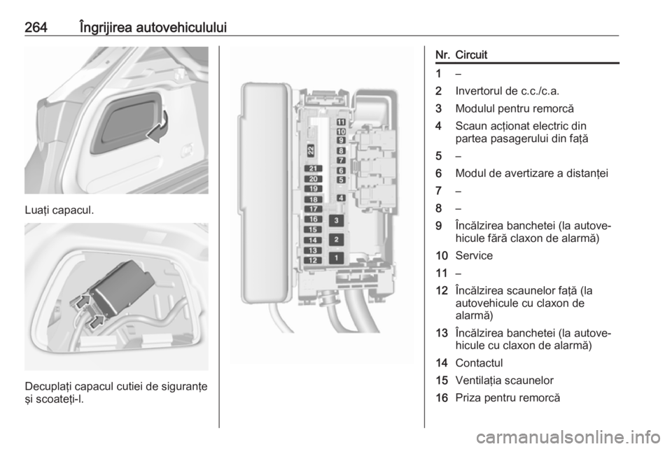 OPEL ASTRA K 2017 Manual de utilizare (in Romanian) 264Îngrijirea autovehiculului
Luaţi capacul.
Decuplaţi capacul cutiei de siguranţe
şi scoateţi-l.
Nr.Circuit1–2Invertorul de c.c./c.a.3Modulul pentru remorcă4Scaun acţionat electric din
part OPEL ASTRA K 2017 Manual de utilizare (in Romanian) 264Îngrijirea autovehiculului
Luaţi capacul.
Decuplaţi capacul cutiei de siguranţe
şi scoateţi-l.
Nr.Circuit1–2Invertorul de c.c./c.a.3Modulul pentru remorcă4Scaun acţionat electric din
part