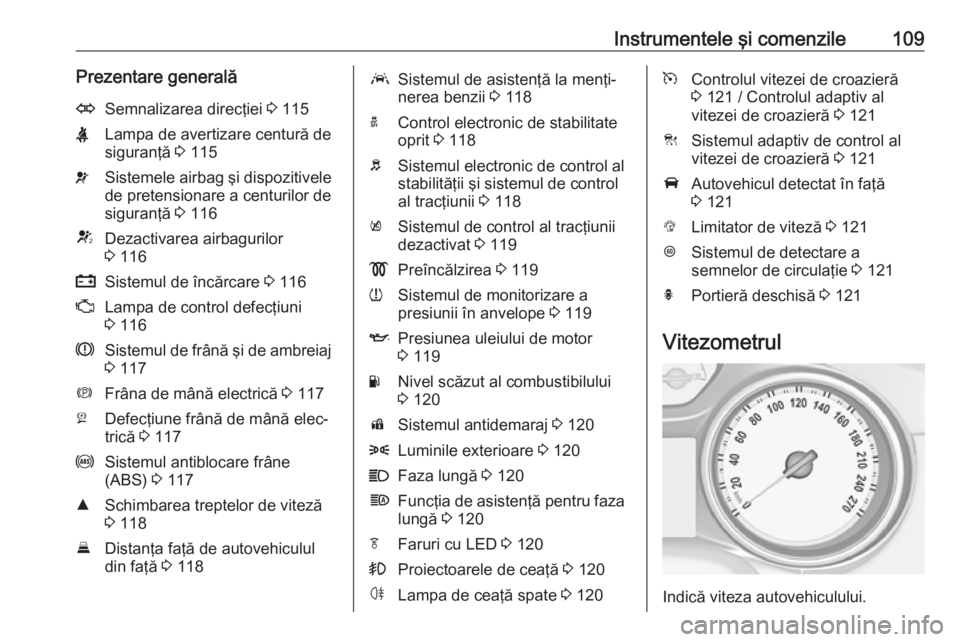 OPEL ASTRA K 2017.5  Manual de utilizare (in Romanian) Instrumentele şi comenzile109Prezentare generalăOSemnalizarea direcţiei 3 115XLampa de avertizare centură de
siguranţă  3 115vSistemele airbag şi dispozitivele
de pretensionare a centurilor de
