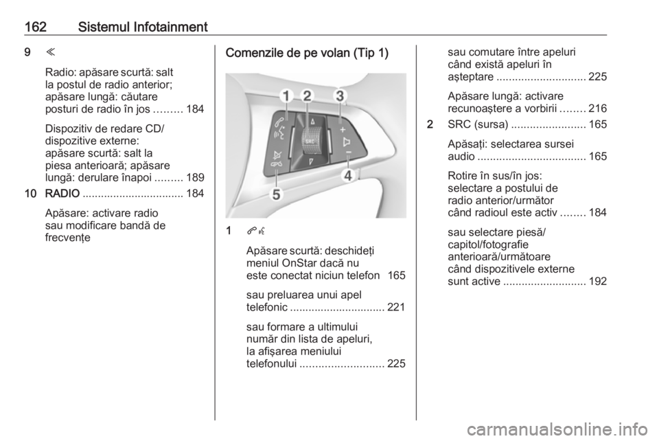 OPEL ASTRA K 2017.5 Manual de utilizare (in Romanian) 162Sistemul Infotainment9Y
Radio: apăsare scurtă: salt la postul de radio anterior;
apăsare lungă: căutare
posturi de radio în jos .........184
Dispozitiv de redare CD/
dispozitive externe:
apă OPEL ASTRA K 2017.5 Manual de utilizare (in Romanian) 162Sistemul Infotainment9Y
Radio: apăsare scurtă: salt la postul de radio anterior;
apăsare lungă: căutare
posturi de radio în jos .........184
Dispozitiv de redare CD/
dispozitive externe:
apă