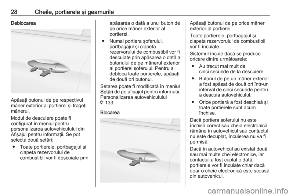OPEL ASTRA K 2017.5  Manual de utilizare (in Romanian) 28Cheile, portierele şi geamurileDeblocarea
Apăsaţi butonul de pe respectivul
mâner exterior al portierei şi trageţi
mânerul.
Modul de descuiere poate fi
configurat în meniul pentru
personaliz