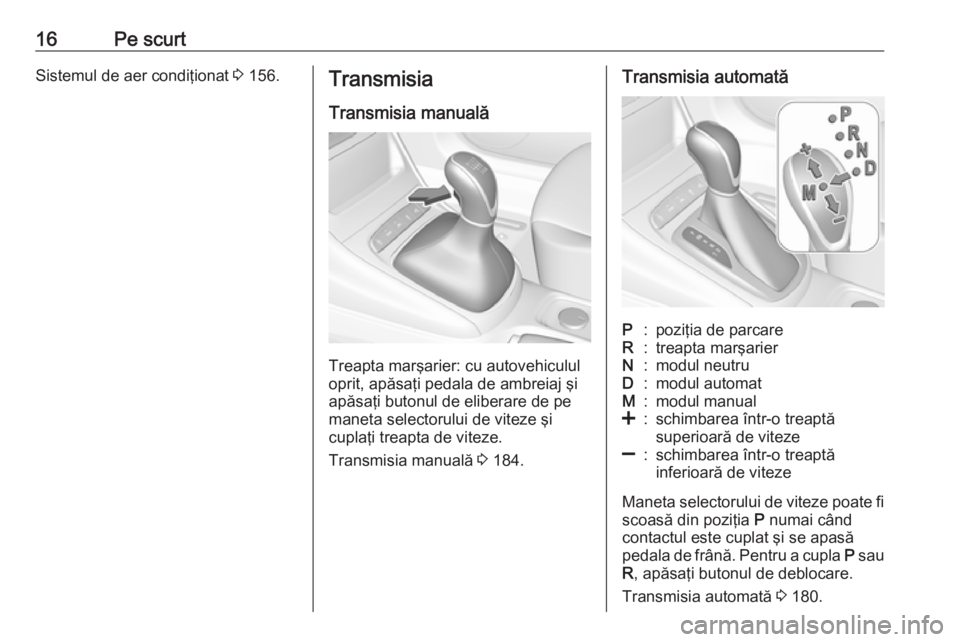 OPEL ASTRA K 2018  Manual de utilizare (in Romanian) 16Pe scurtSistemul de aer condiţionat 3 156.Transmisia
Transmisia manuală
Treapta marşarier: cu autovehiculul
oprit, apăsaţi pedala de ambreiaj şi apăsaţi butonul de eliberare de pe
maneta sel