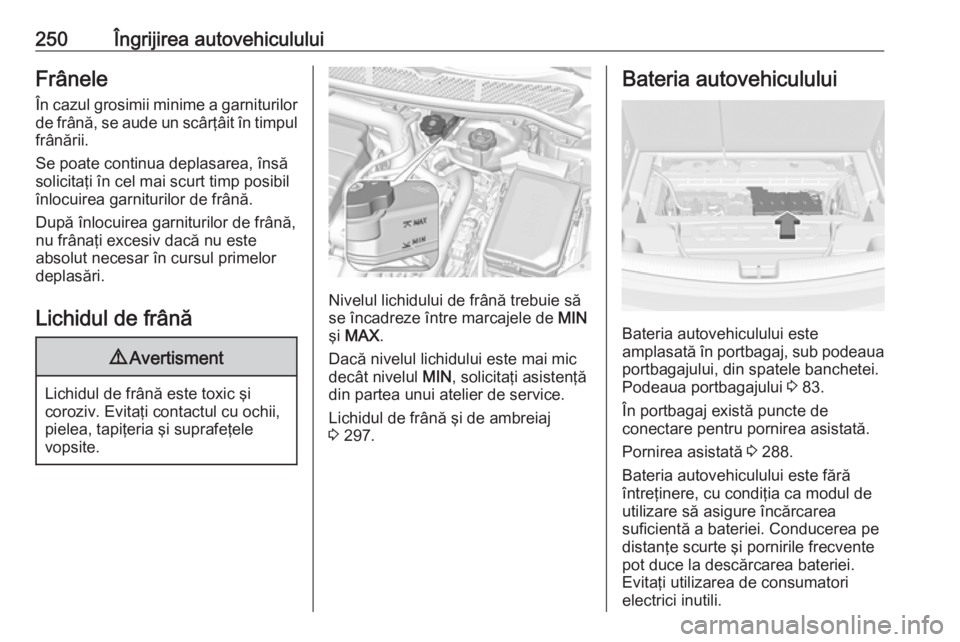 OPEL ASTRA K 2018  Manual de utilizare (in Romanian) 250Îngrijirea autovehicululuiFrânele
În cazul grosimii minime a garniturilor
de frână, se aude un scârţâit în timpul
frânării.
Se poate continua deplasarea, însă
solicitaţi în cel mai s
