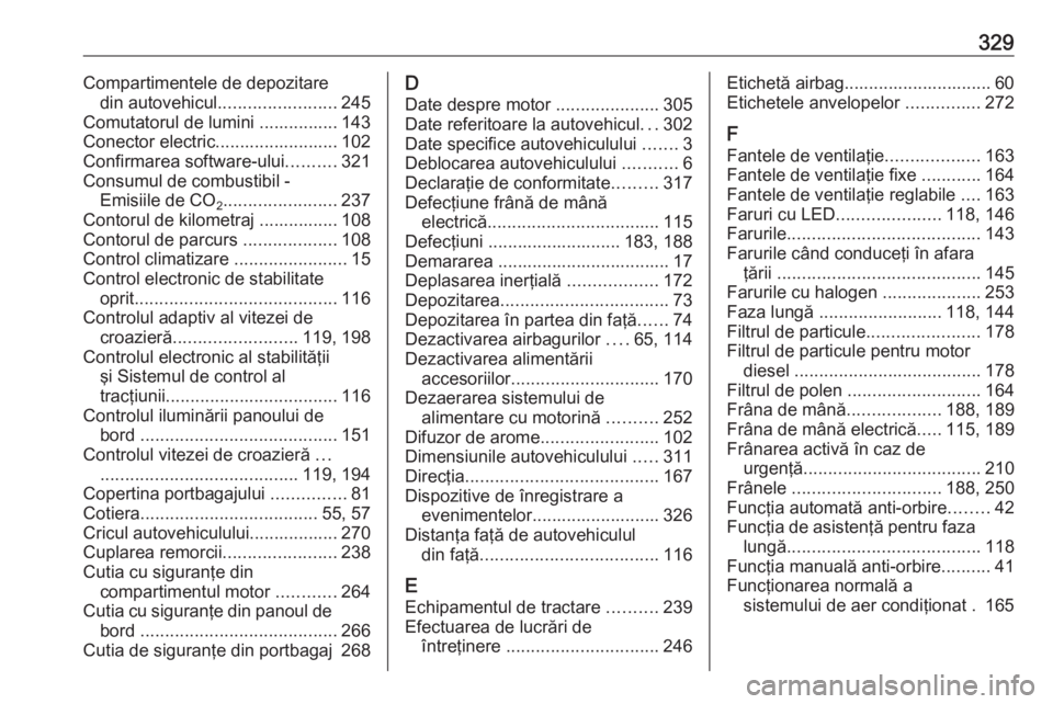 OPEL ASTRA K 2018 Manual de utilizare (in Romanian) 329Compartimentele de depozitaredin autovehicul ........................ 245
Comutatorul de lumini ................ 143
Conector electric......................... 102
Confirmarea software-ului ....... OPEL ASTRA K 2018 Manual de utilizare (in Romanian) 329Compartimentele de depozitaredin autovehicul ........................ 245
Comutatorul de lumini ................ 143
Conector electric......................... 102
Confirmarea software-ului .......