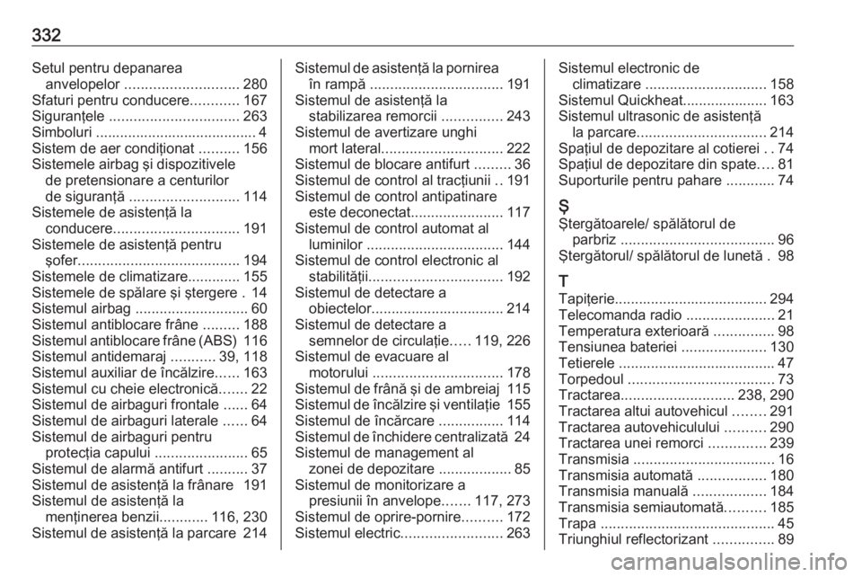 OPEL ASTRA K 2018 Manual de utilizare (in Romanian) 332Setul pentru depanareaanvelopelor ............................ 280
Sfaturi pentru conducere ............167
Siguranţele ................................ 263
Simboluri ........................... OPEL ASTRA K 2018 Manual de utilizare (in Romanian) 332Setul pentru depanareaanvelopelor ............................ 280
Sfaturi pentru conducere ............167
Siguranţele ................................ 263
Simboluri ...........................