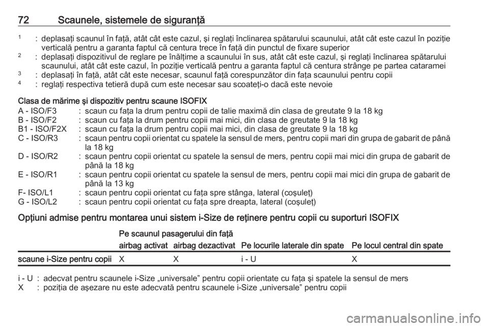 OPEL ASTRA K 2018  Manual de utilizare (in Romanian) 72Scaunele, sistemele de siguranţă1:deplasaţi scaunul în faţă, atât cât este cazul, şi reglaţi înclinarea spătarului scaunului, atât cât este cazul în poziţieverticală pentru a garant