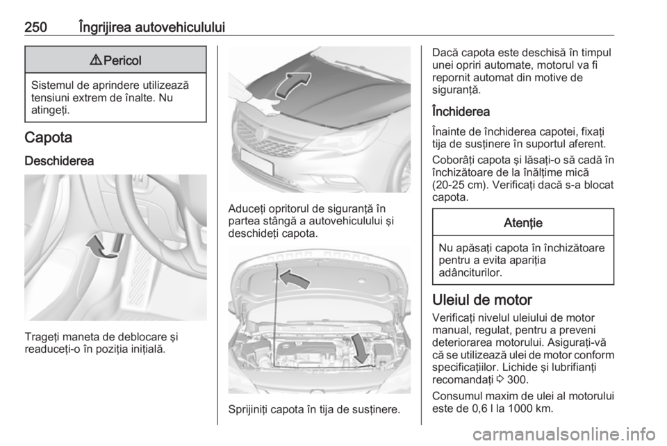 OPEL ASTRA K 2018.5 Manual de utilizare (in Romanian) 250Îngrijirea autovehiculului9Pericol
Sistemul de aprindere utilizează
tensiuni extrem de înalte. Nu
atingeţi.
Capota
Deschiderea
Trageţi maneta de deblocare şi
readuceţi-o în poziţia iniţia OPEL ASTRA K 2018.5 Manual de utilizare (in Romanian) 250Îngrijirea autovehiculului9Pericol
Sistemul de aprindere utilizează
tensiuni extrem de înalte. Nu
atingeţi.
Capota
Deschiderea
Trageţi maneta de deblocare şi
readuceţi-o în poziţia iniţia