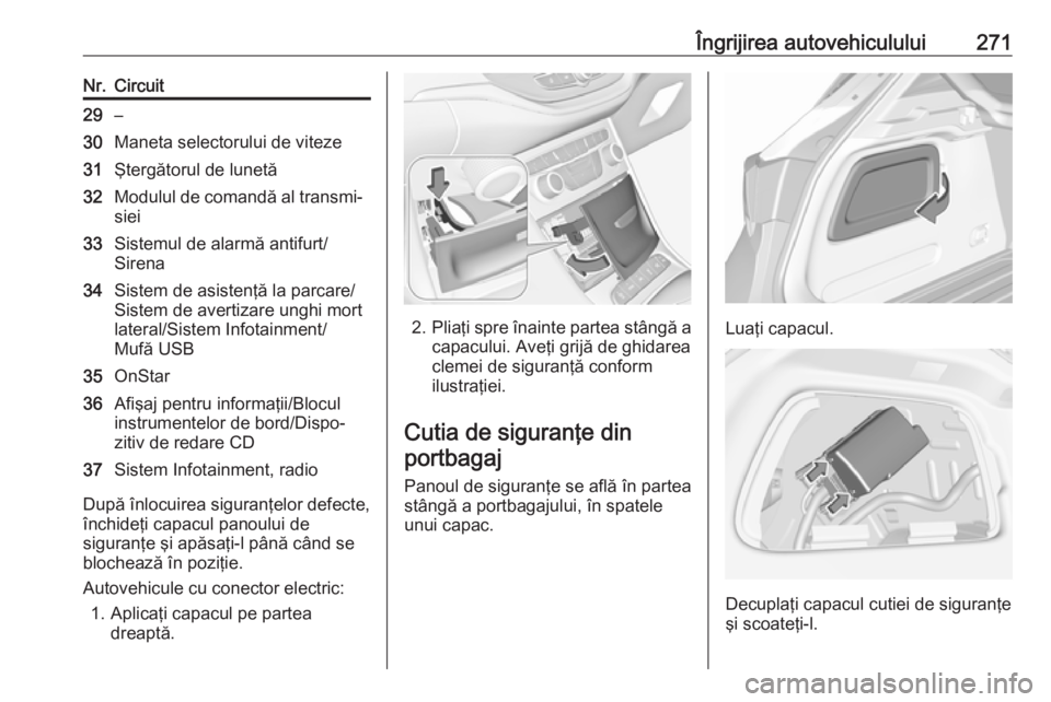 OPEL ASTRA K 2018.5 Manual de utilizare (in Romanian) Îngrijirea autovehiculului271Nr.Circuit29–30Maneta selectorului de viteze31Ştergătorul de lunetă32Modulul de comandă al transmi‐siei33Sistemul de alarmă antifurt/
Sirena34Sistem de asistenţ OPEL ASTRA K 2018.5 Manual de utilizare (in Romanian) Îngrijirea autovehiculului271Nr.Circuit29–30Maneta selectorului de viteze31Ştergătorul de lunetă32Modulul de comandă al transmi‐siei33Sistemul de alarmă antifurt/
Sirena34Sistem de asistenţ