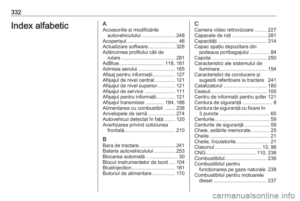 OPEL ASTRA K 2019 Manual de utilizare (in Romanian) 332Index alfabeticAAccesoriile şi modificările autovehiculului .......................248
Acoperişul ..................................... 46
Actualizare software ...................326
Adâncimea OPEL ASTRA K 2019 Manual de utilizare (in Romanian) 332Index alfabeticAAccesoriile şi modificările autovehiculului .......................248
Acoperişul ..................................... 46
Actualizare software ...................326
Adâncimea