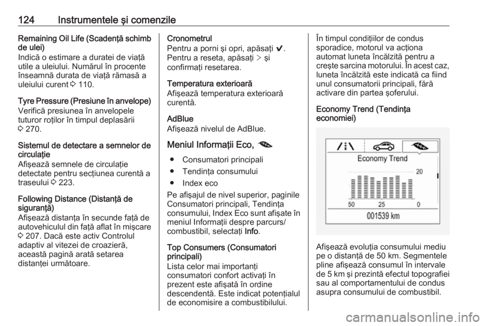 OPEL ASTRA K 2019.5  Manual de utilizare (in Romanian) 124Instrumentele şi comenzileRemaining Oil Life (Scadenţă schimb
de ulei)
Indică o estimare a duratei de viaţă
utile a uleiului. Numărul în procente
înseamnă durata de viaţă rămasă a ule