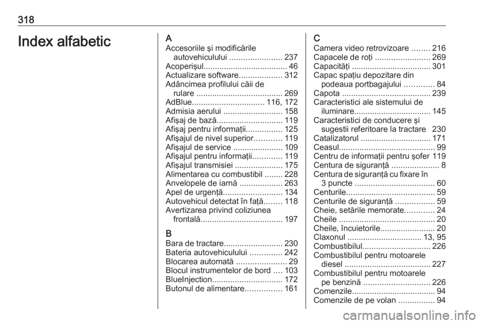 OPEL ASTRA K 2020 Manual de utilizare (in Romanian) 318Index alfabeticAAccesoriile şi modificările autovehiculului .......................237
Acoperişul ..................................... 46
Actualizare software ...................312
Adâncimea OPEL ASTRA K 2020 Manual de utilizare (in Romanian) 318Index alfabeticAAccesoriile şi modificările autovehiculului .......................237
Acoperişul ..................................... 46
Actualizare software ...................312
Adâncimea