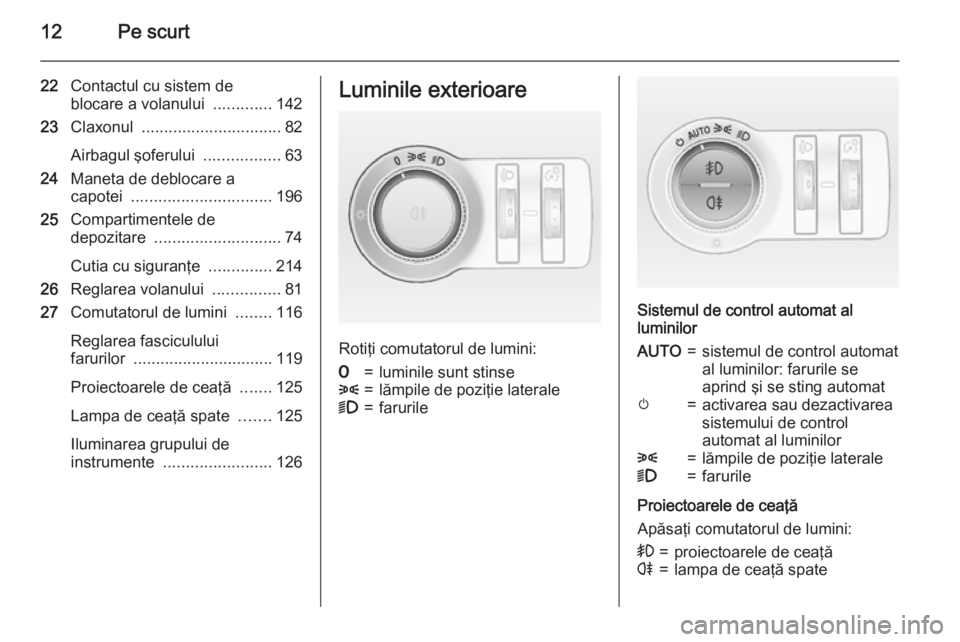 OPEL CASCADA 2015  Manual de utilizare (in Romanian) 12Pe scurt
22Contactul cu sistem de
blocare a volanului  .............142
23 Claxonul  ............................... 82
Airbagul şoferului  .................63
24 Maneta de deblocare a
capotei  ...