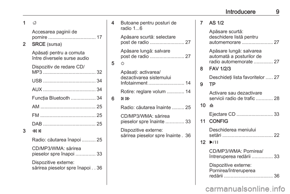 OPEL CASCADA 2016.5  Manual pentru sistemul Infotainment (in Romanian) Introducere91;
Accesarea paginii de pornire ................................... 17
2 SRCE  (sursa)
Apăsaţi pentru a comuta
între diversele surse audio
Dispozitiv de redare CD/
MP3 .................
