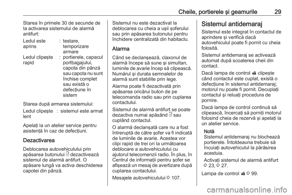 OPEL CASCADA 2016.5  Manual de utilizare (in Romanian) Cheile, portierele şi geamurile29Starea în primele 30 de secunde de
la activarea sistemului de alarmă
antifurt:Ledul este
aprins:testare,
temporizare
armareLedul clipeşte
rapid:portierele, capacul