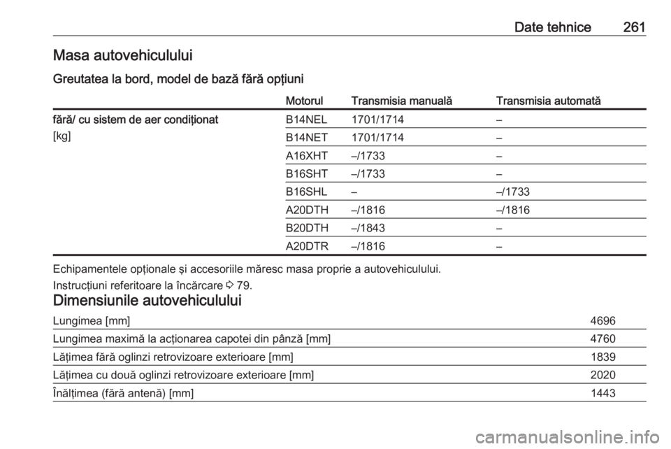 OPEL CASCADA 2017  Manual de utilizare (in Romanian) Date tehnice261Masa autovehicululuiGreutatea la bord, model de bază fără opţiuniMotorulTransmisia manualăTransmisia automatăfără/ cu sistem de aer condiţionat
[kg]B14NEL1701/1714–B14NET1701