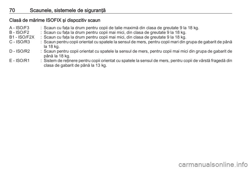 OPEL CASCADA 2017 Manual de utilizare (in Romanian) 70Scaunele, sistemele de siguranţăClasă de mărime ISOFIX şi dispozitiv scaunA - ISO/F3:Scaun cu faţa la drum pentru copii de talie maximă din clasa de greutate 9 la 18 kg.B - ISO/F2:Scaun cu fa OPEL CASCADA 2017 Manual de utilizare (in Romanian) 70Scaunele, sistemele de siguranţăClasă de mărime ISOFIX şi dispozitiv scaunA - ISO/F3:Scaun cu faţa la drum pentru copii de talie maximă din clasa de greutate 9 la 18 kg.B - ISO/F2:Scaun cu fa