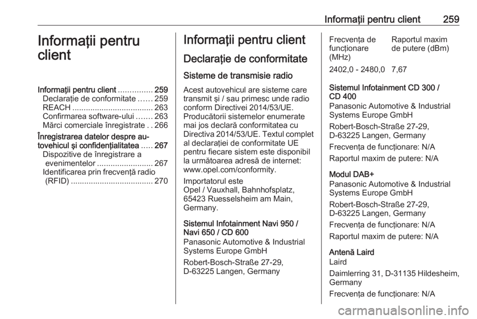 OPEL CASCADA 2019 Manual de utilizare (in Romanian) Informaţii pentru client259Informaţii pentru
clientInformaţii pentru client ...............259
Declaraţie de conformitate ......259
REACH .................................... 263
Confirmarea softw OPEL CASCADA 2019 Manual de utilizare (in Romanian) Informaţii pentru client259Informaţii pentru
clientInformaţii pentru client ...............259
Declaraţie de conformitate ......259
REACH .................................... 263
Confirmarea softw
