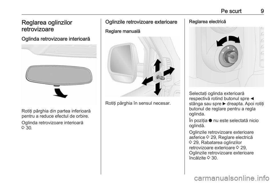 OPEL COMBO 2016  Manual de utilizare (in Romanian) Pe scurt9Reglarea oglinzilor
retrovizoare
Oglinda retrovizoare interioară
Rotiţi pârghia din partea inferioară
pentru a reduce efectul de orbire.
Oglinda retrovizoare interioară
3  30.
Oglinzile 