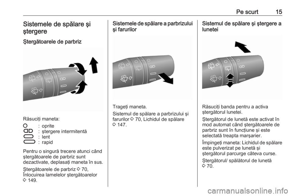 OPEL COMBO 2016  Manual de utilizare (in Romanian) Pe scurt15Sistemele de spălare şi
ştergere
Ştergătoarele de parbriz
Răsuciţi maneta:
§:opriteÇ:ştergere intermitentăÈ:lentÉ:rapid
Pentru o singură trecere atunci când
ştergătoarele de
