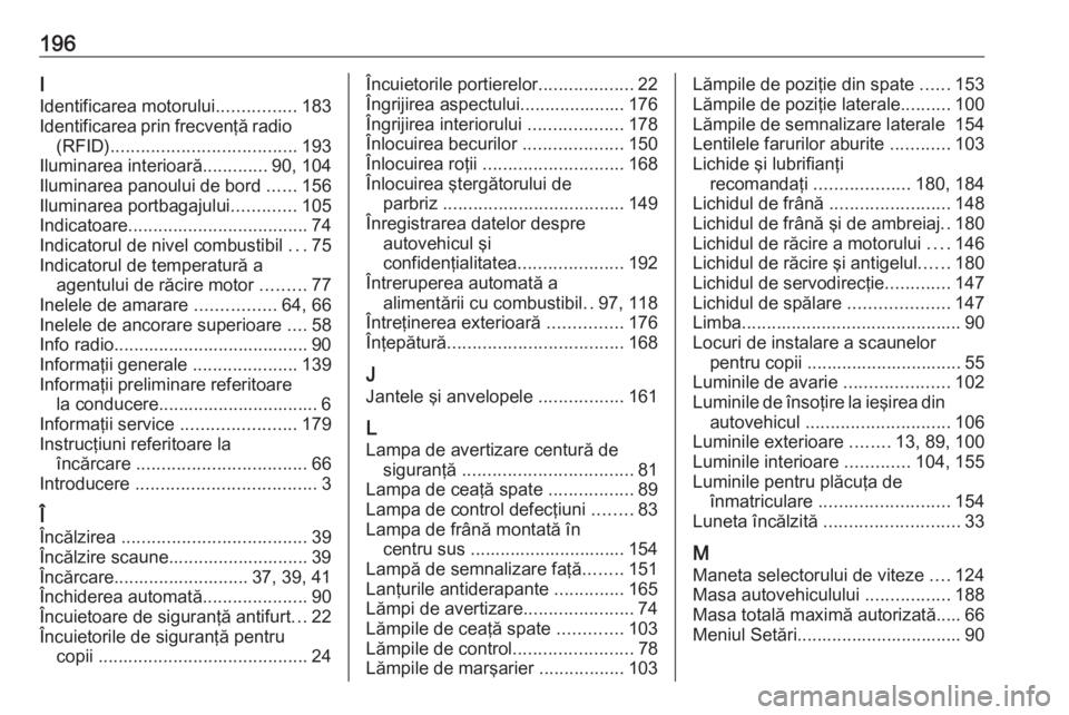 OPEL COMBO 2016 Manual de utilizare (in Romanian) 196I
Identificarea motorului ................183
Identificarea prin frecvenţă radio (RFID) ..................................... 193
Iluminarea interioară .............90, 104
Iluminarea panoului d OPEL COMBO 2016 Manual de utilizare (in Romanian) 196I
Identificarea motorului ................183
Identificarea prin frecvenţă radio (RFID) ..................................... 193
Iluminarea interioară .............90, 104
Iluminarea panoului d