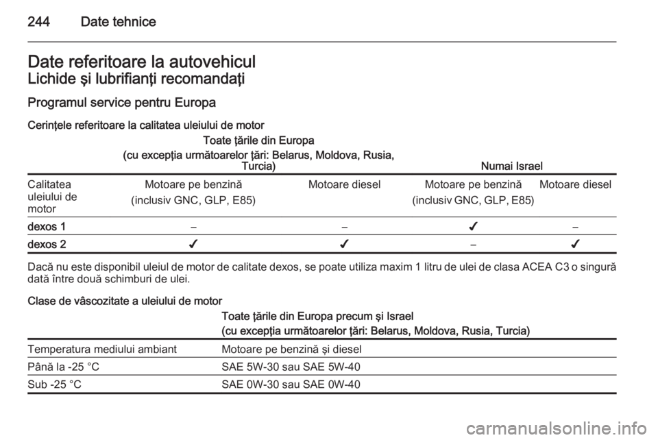 OPEL CORSA 2015.5  Manual de utilizare (in Romanian) 244Date tehniceDate referitoare la autovehiculLichide şi lubrifianţi recomandaţi
Programul service pentru Europa Cerinţele referitoare la calitatea uleiului de motorToate ţările din Europa
(cu e
