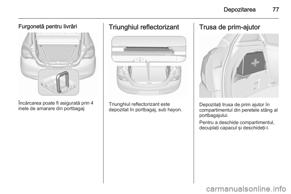 OPEL CORSA 2015.75  Manual de utilizare (in Romanian) Depozitarea77
Furgonetă pentru livrări
Încărcarea poate fi asigurată prin 4
inele de amarare din portbagaj
Triunghiul reflectorizant
Triunghiul reflectorizant este
depozitat în portbagaj, sub ha