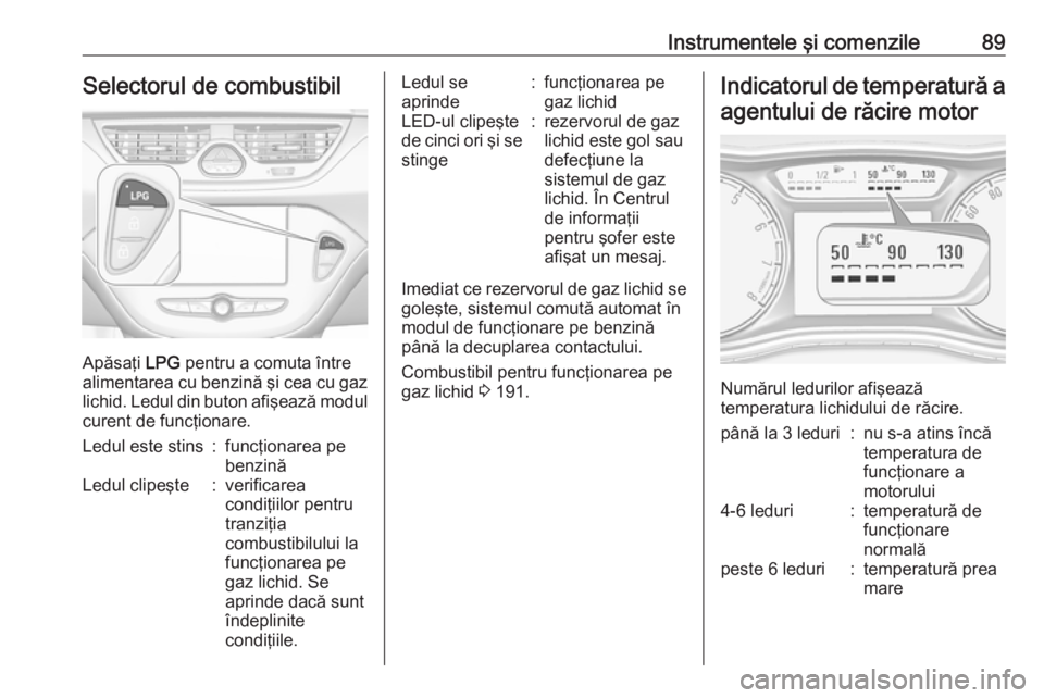 OPEL CORSA 2016.5  Manual de utilizare (in Romanian) Instrumentele şi comenzile89Selectorul de combustibil
Apăsaţi LPG pentru a comuta între
alimentarea cu benzină şi cea cu gaz
lichid. Ledul din buton afişează modul curent de funcţionare.
Ledu