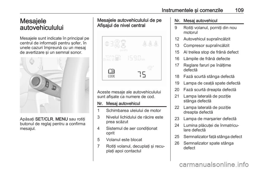 OPEL CORSA 2017 Manual de utilizare (in Romanian) Instrumentele şi comenzile109Mesajele
autovehiculului
Mesajele sunt indicate în principal pe centrul de informaţii pentru şofer, înunele cazuri împreună cu un mesaj
de avertizare şi un semnal OPEL CORSA 2017 Manual de utilizare (in Romanian) Instrumentele şi comenzile109Mesajele
autovehiculului
Mesajele sunt indicate în principal pe centrul de informaţii pentru şofer, înunele cazuri împreună cu un mesaj
de avertizare şi un semnal